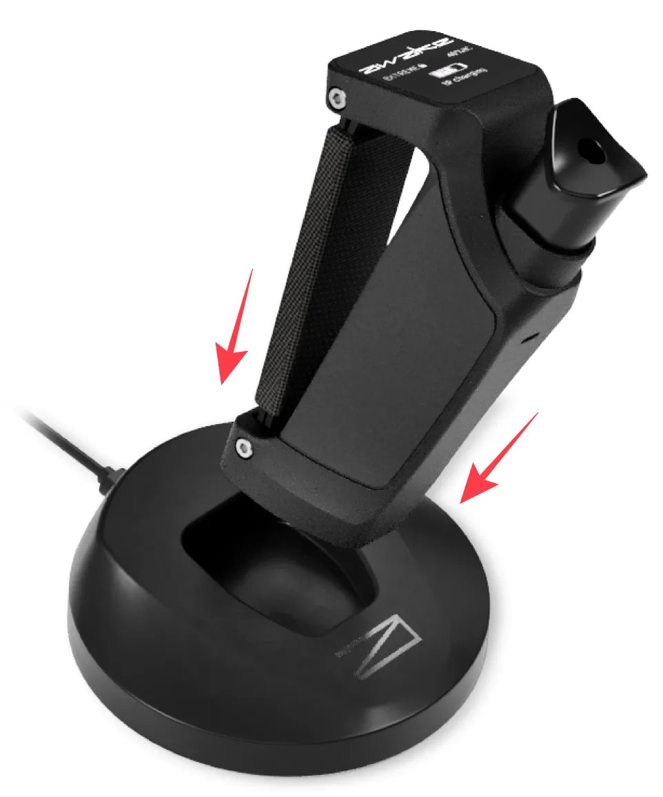 Hand controller being seated in its dock-style charger