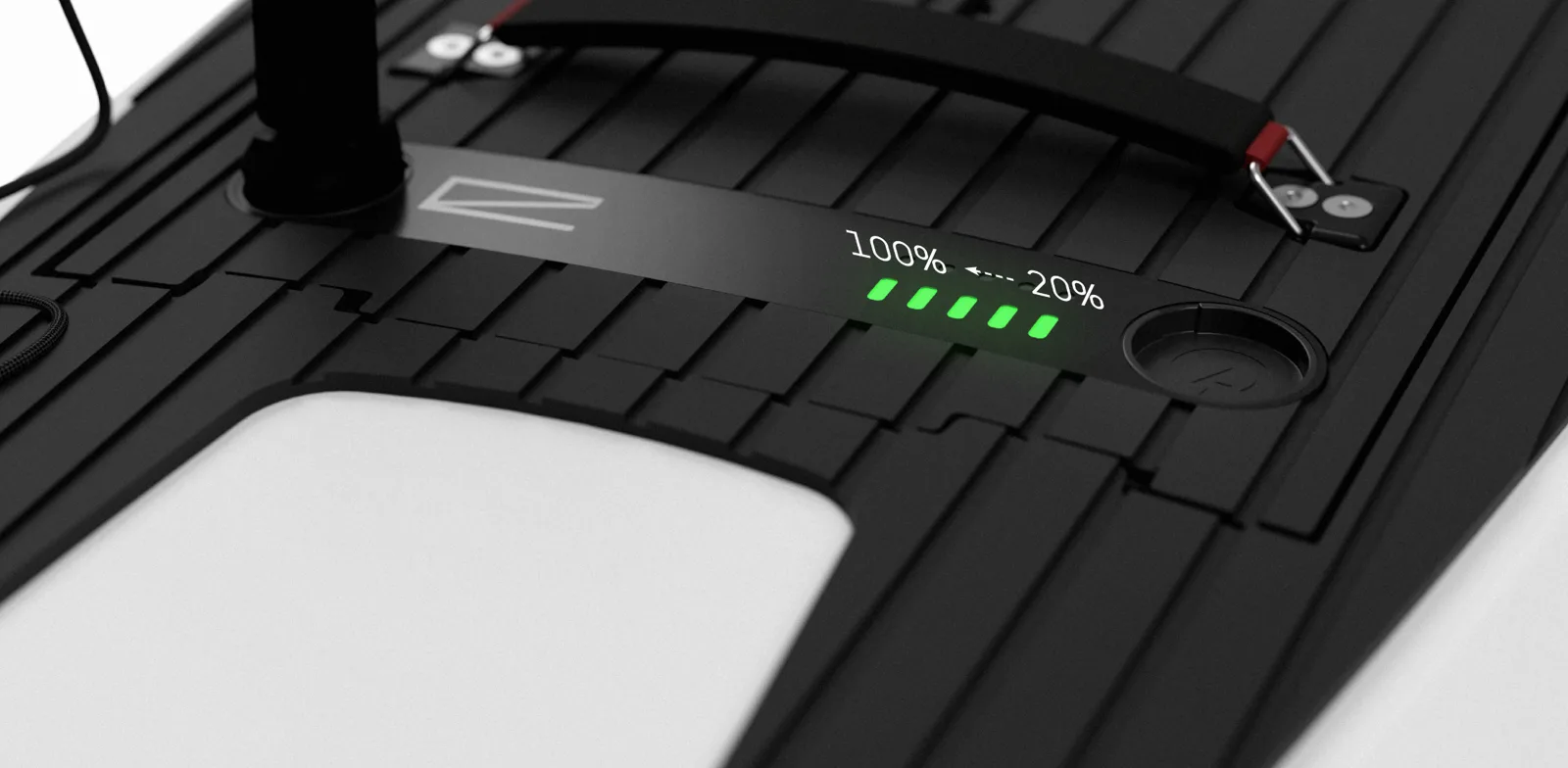 Flex battery LED panel showing five green lights between the 20% and 100% marks