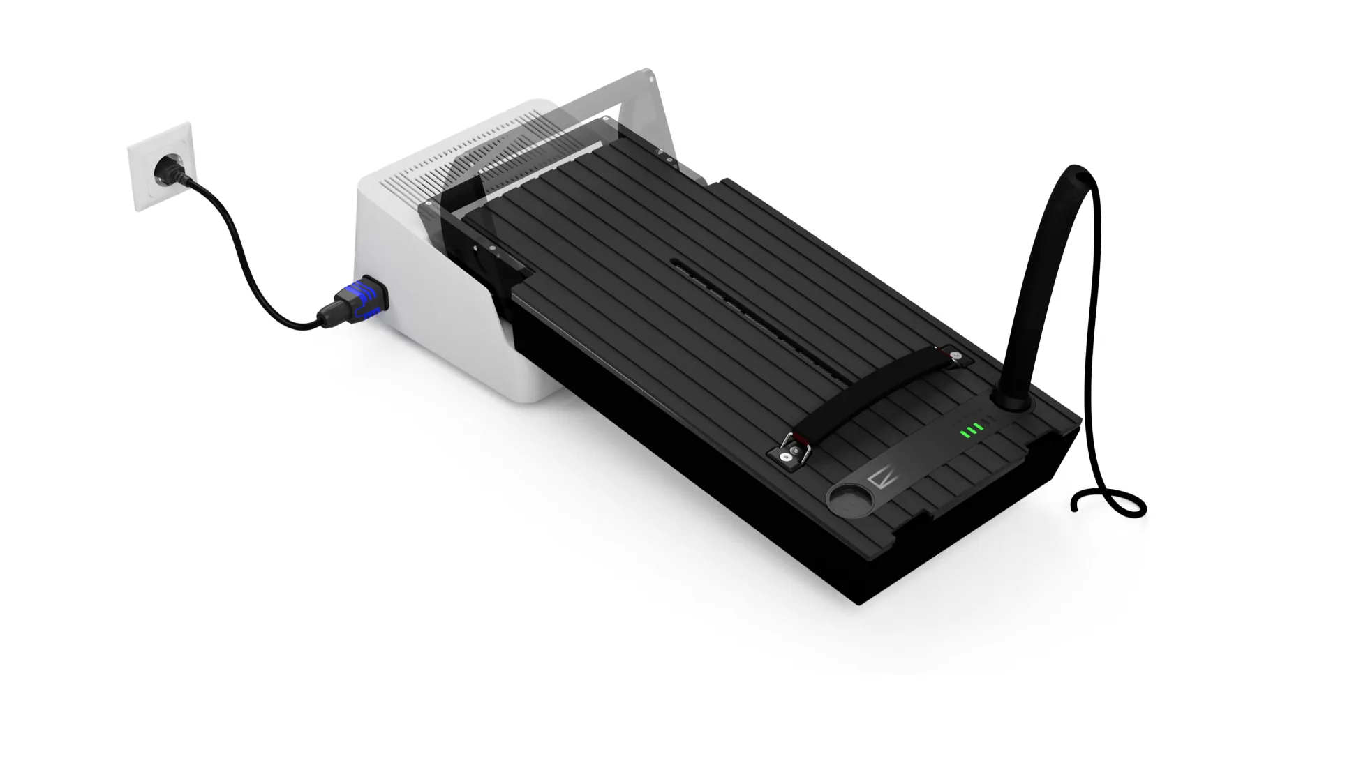 Flex battery locked onto its charger with the Power Key fitted