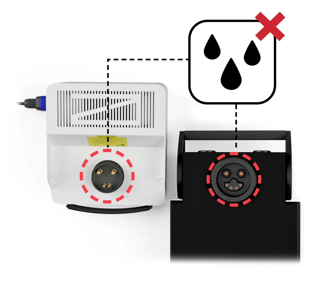 Battery and charger connection points marked to stay dry and clean