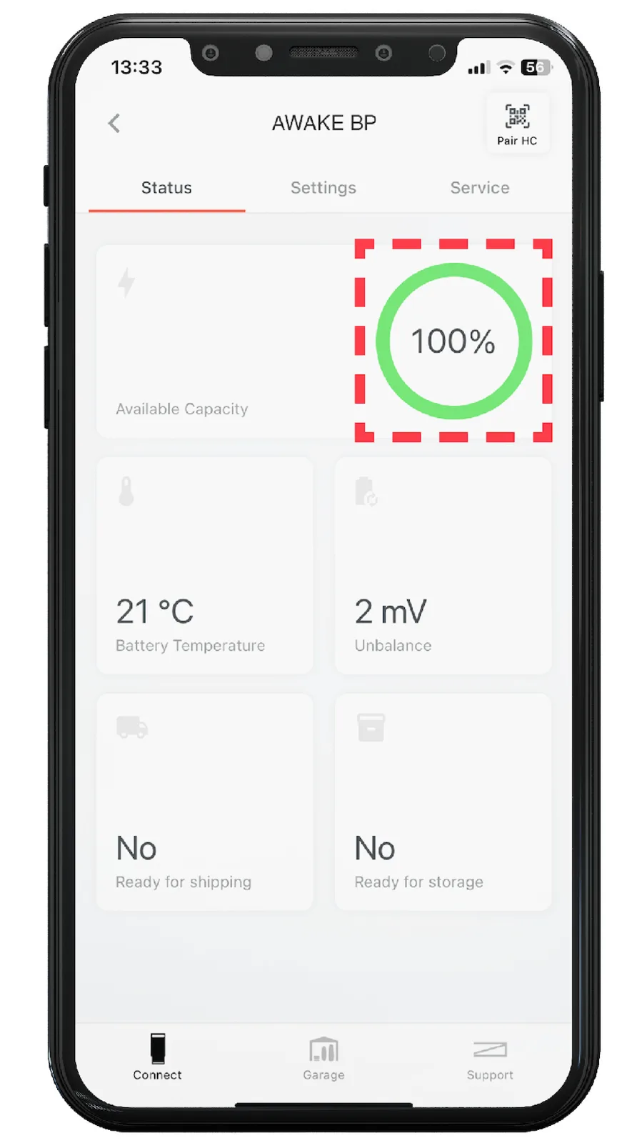 Awake Link app Status tab showing a battery at 100%