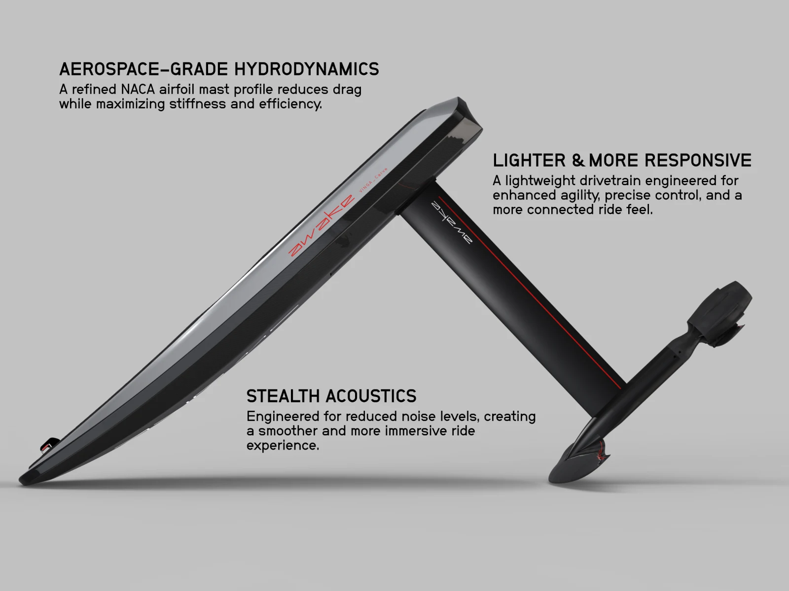 VINGA Carve mast and drivetrain — aerospace-grade hydrodynamics